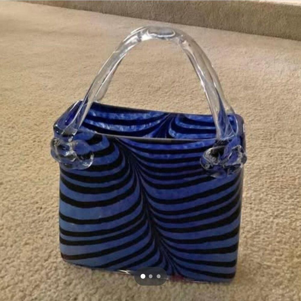 Murano Style Art Glass Handbag Vase Blue Black Swirl Purse
